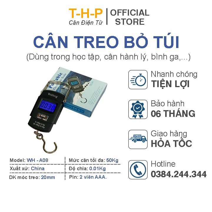 Cân treo bỏ túi WH-A08, Cân mini 50kg, Sử dụng trong gia đình và buôn bán như: cân ga, cân hành lý, thiết kế cầm tay