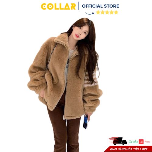 Áo khoác lông COLLAR kẻ tay 3 sọc may cổ cao form rộng thời trang trẻ trung (trắng, đen, nâu, ghi)