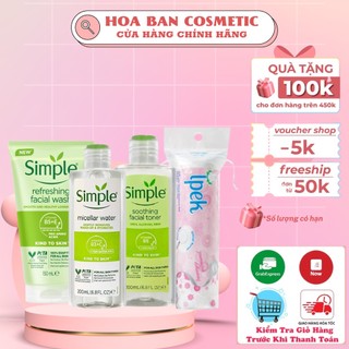 Combo Simple Tẩy trang 200ml + Bông tẩy trang ipek + Sữa rửa mặt 150ml + Nước hoa hồng 200ml