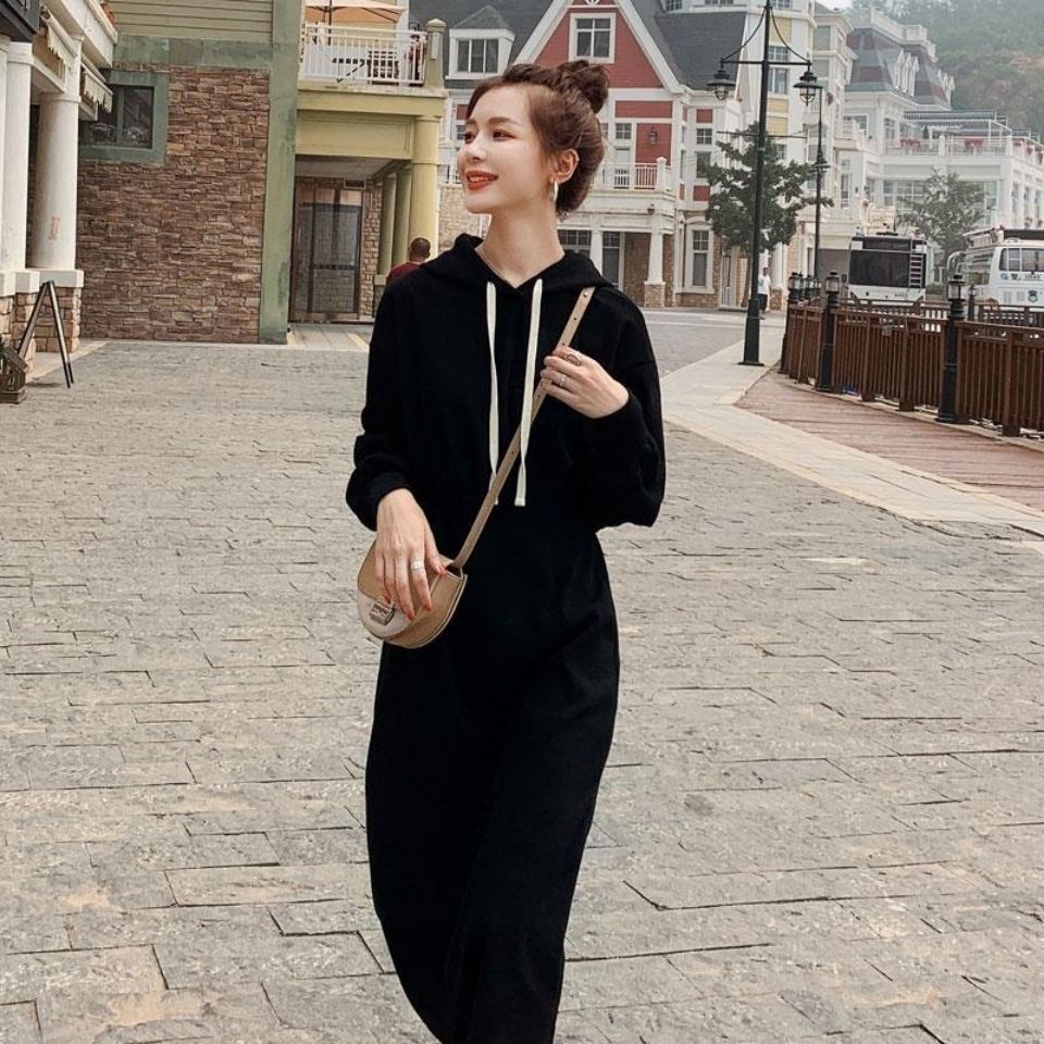 Đầm Thun Nỉ Tay Dài Có Mũ Trùm Dáng Rộng Phong Cách Hàn Quốc Thời Trang Mùa Thu 2020 Mới