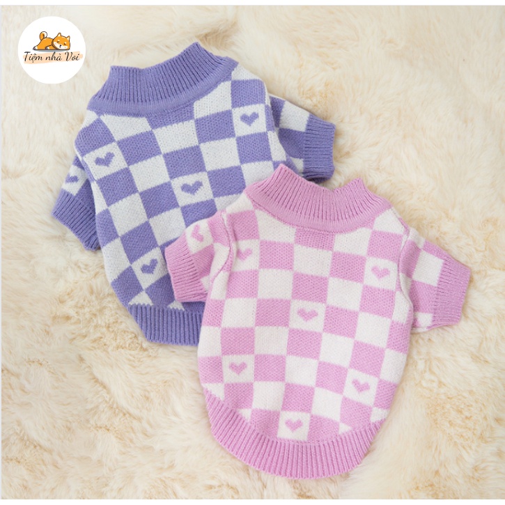 ÁO LEN CARDIGAN KẺ CARO HỌA TIẾT TRÁI TIM ẤM ÁP DỄ THƯƠNG MÙA THU ĐÔNG CHO THÚ CƯNG