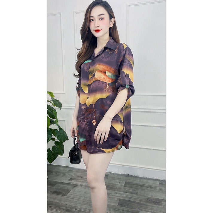 Đồ Bộ Nữ Cao Cấp - Đồ Bộ Trung Niên-áo Sơ Mi Quần Đùi- Vải Lụa Mango Không Nhăn- Màu Tím