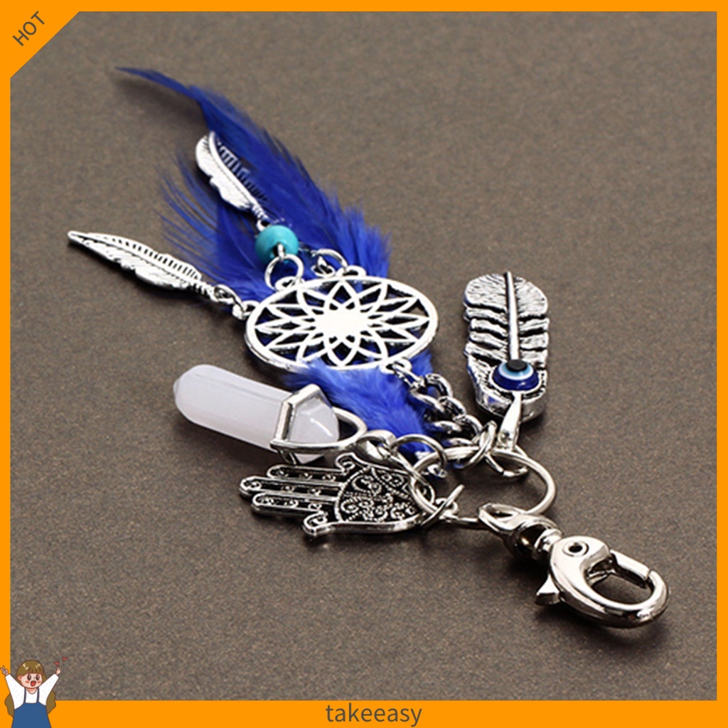 Móc Khóa Hình Dream Catcher Phối Lông Vũ Và Đá Opal Cổ Điển