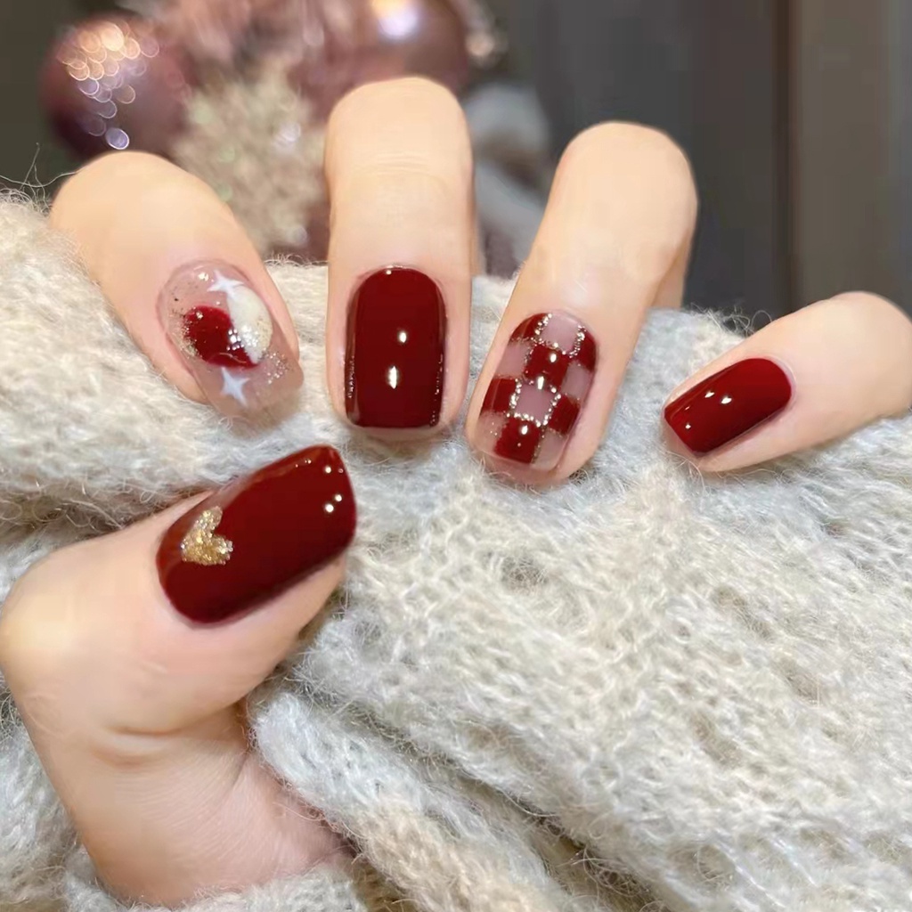 Móng tay giả đỏ họa tiết caro (bộ 24 móng) 💖 SẴN KEO DÁN 💖
