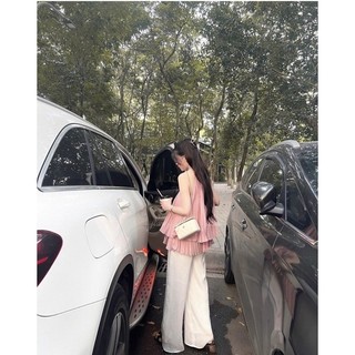 Set áo voan hồng cổ yếm tầng quần suông trắng 🌸