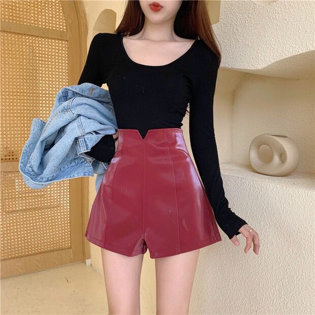 Quần Short Da PU Lưng Cao Dáng Ôm Có Khóa Kéo Thời Trang Thu Đông Cho Nữ