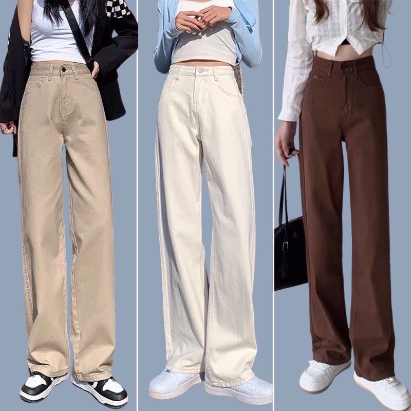 Quần jeans quần kaki ống suông nâu sữa cạp cao-mã Kaki Suông