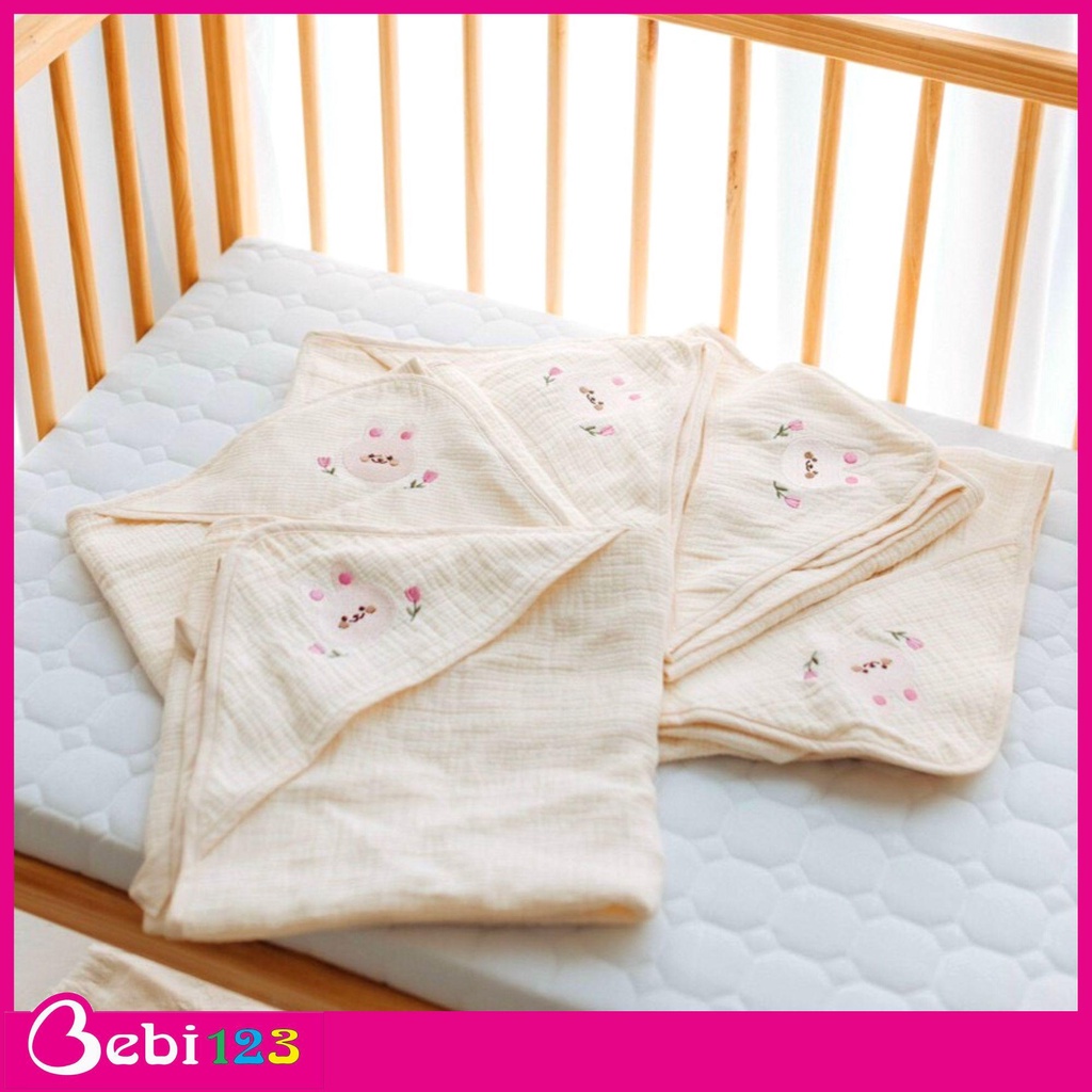 Ủ xô Molli cao cấp Thêu hình Gấu Thỏ, khăn tắm quấn bé có mũ Molli