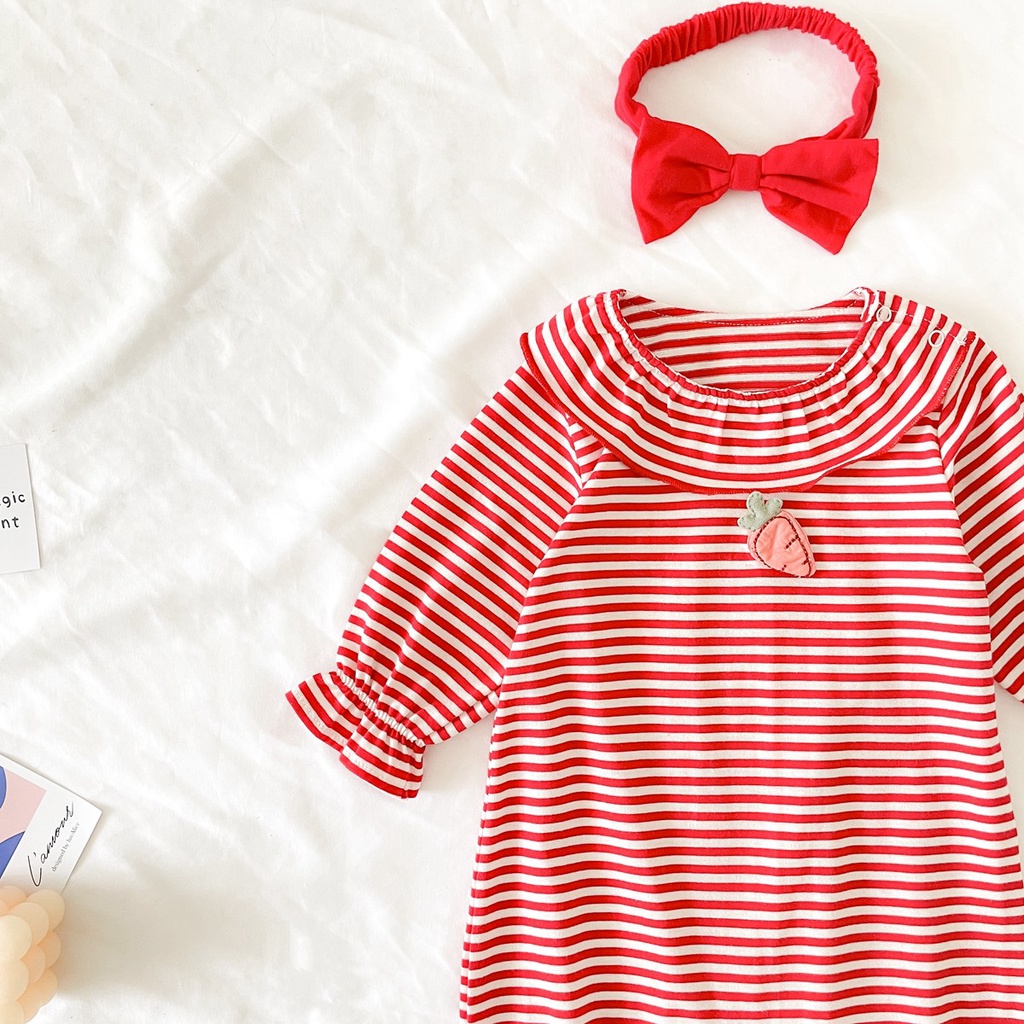 Áo liền quần SANLUTOZ tay dài họa tiết kẻ sọc có băng đô thời trang xuân thu đáng yêu dành cho bé gái