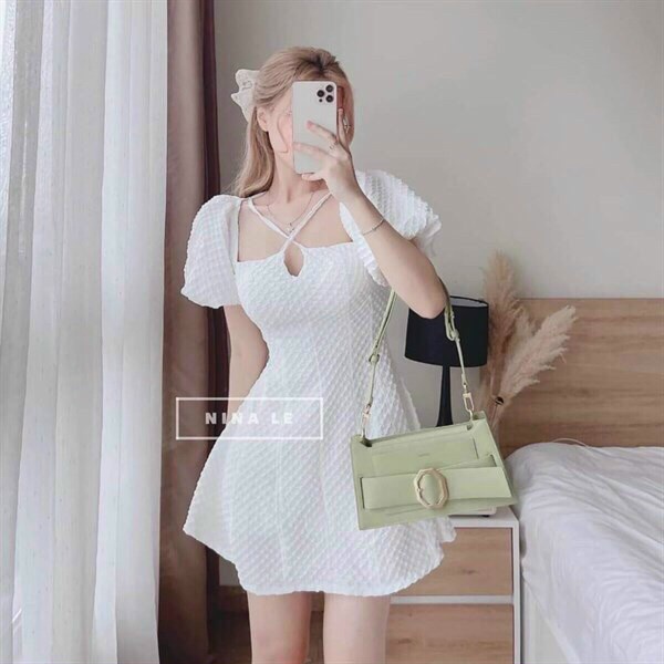 Đầm váy nữ lụa xốp cổ yếm 4 màu dáng xòe cực xinh phối ống tay phồng TMTB50