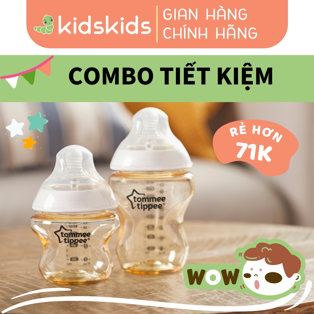 COMBO Bình sữa PPSU ty siêu mềm tự nhiên Tommee Tippee Closer to Nature 150ml &amp; 260ml kèm Núm ty 0-3 tháng và 3-6 tháng