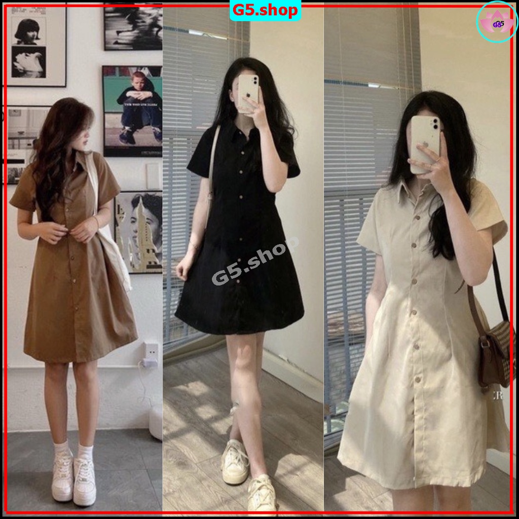 Đầm váy nữ basic fashion cổ sơ mi cài cúc chiết eo lưng chun, váy nữ cộc tay nhiều màu ĐEN TRẮNG KEM NÂU G5