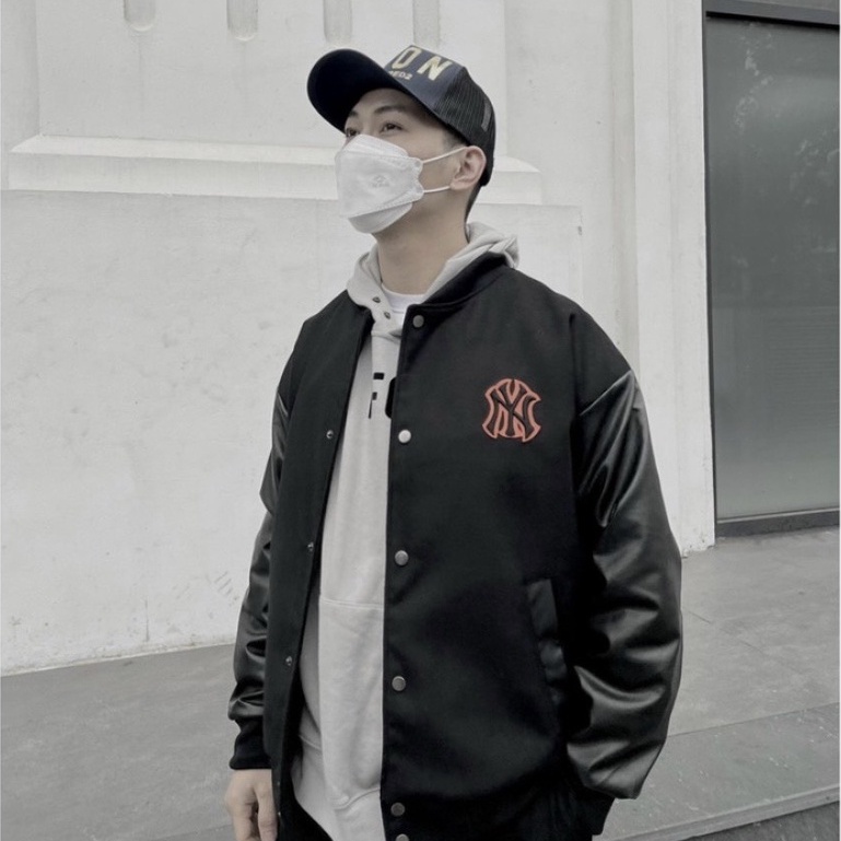 Áo varsity jacket Bomber MLB NY Chữ Thêu Tay Da Cao Cấp - Áo Bomber Nỉ Tay Da Phong Cách Unisex