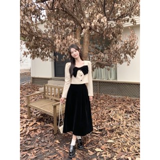 Sét Áo Dạ Nơ Ngực Mix Chân váy Đen Xoè Dáng Dài