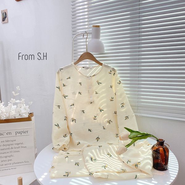 Bộ đồ ngủ mặc nhà, Pijama nữ tay dài quần dài, cổ trụ chất liệu đũi nhăn, họa tiết siêu xinh