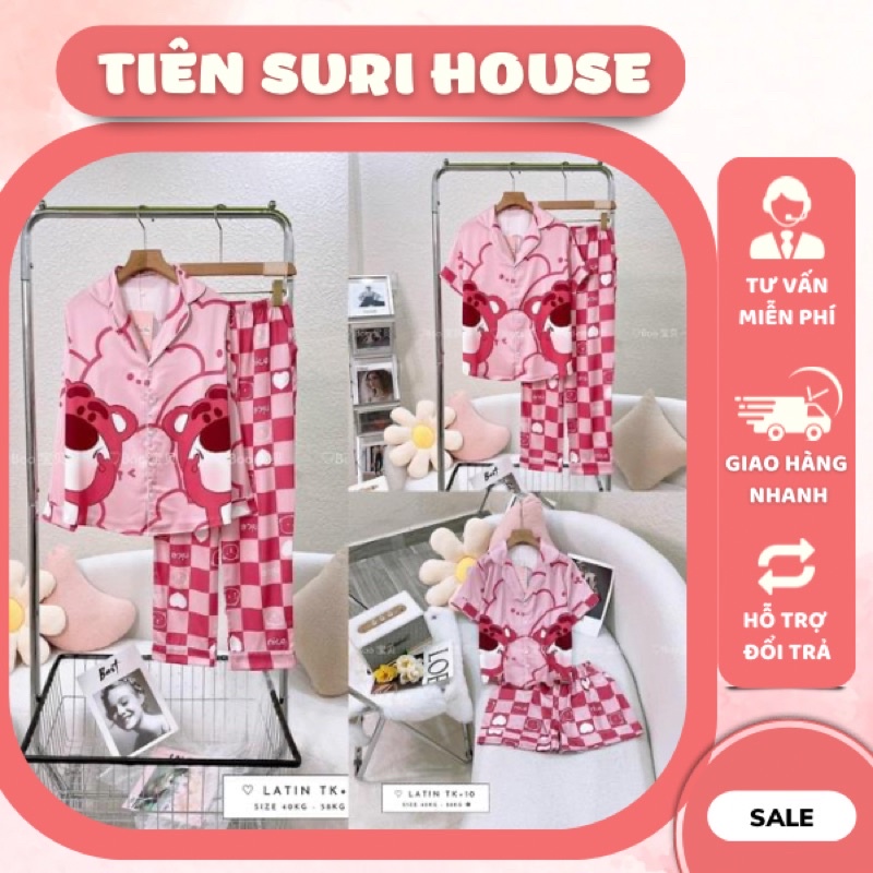 Đồ Bộ Pyjama Lụa Latin Thiết Kế Cao Cấp Booboo Gấu Dâu Caro- Tiên Suri House