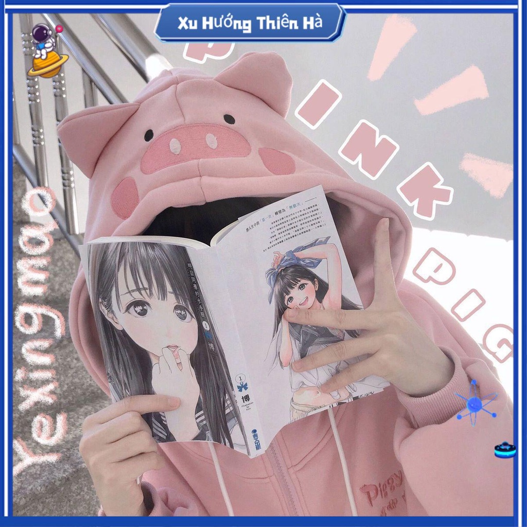 áo hoodie nu form rong áo hoodie nu cute Áo Khoác Lót Lông Cừu Dày Dặn Thêu Hình Chú Heo Hồng Dễ Thương Phong Cách Nhật Bản Thời Trang Thu Đông Cho Nữ