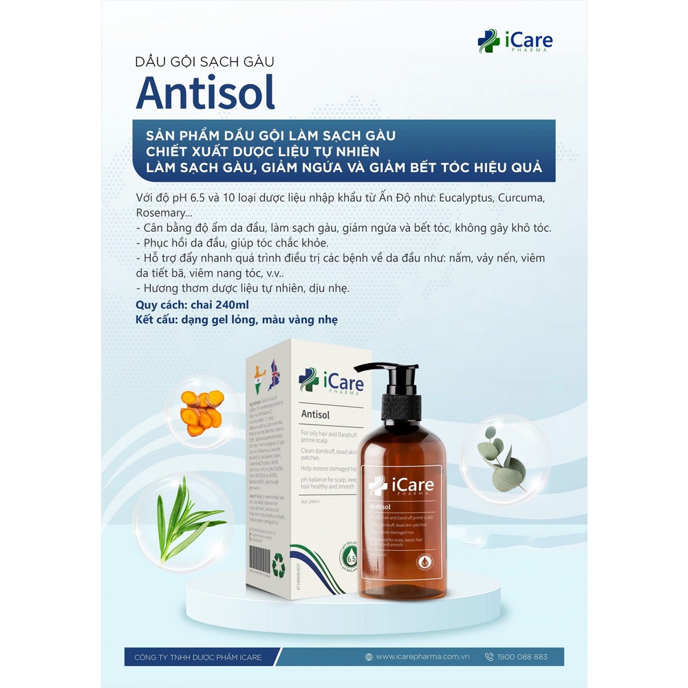 Dầu Gội iCare Pharma Antisol dược liệu pH 6.5 làm sạch gàu, giảm ngứa và bết tóc 240ml - Hàng Chính Hãng