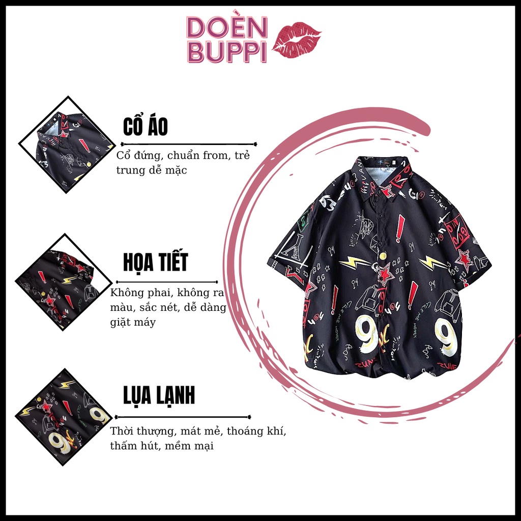 Áo sơ mi ngắn tay unisex nam nữ, cổ đứng, vải lụa lạnh nhập khẩu thoáng mát, ĐEN hoạ tiết TIA CHỚP - DOÈNBUPPI Shirt