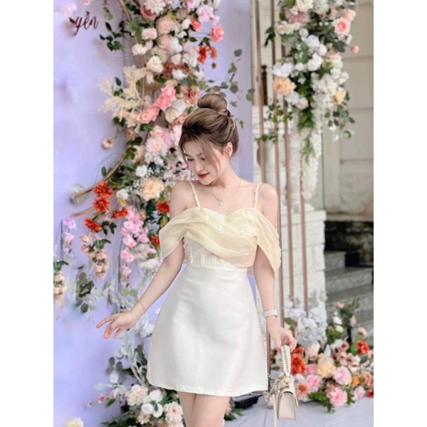 LIKEHER - ĐẦM DỰ TIỆC ĐẦM 2 DÂY RỚT VAI PHỐI VOAN SANG TRỌNG D54