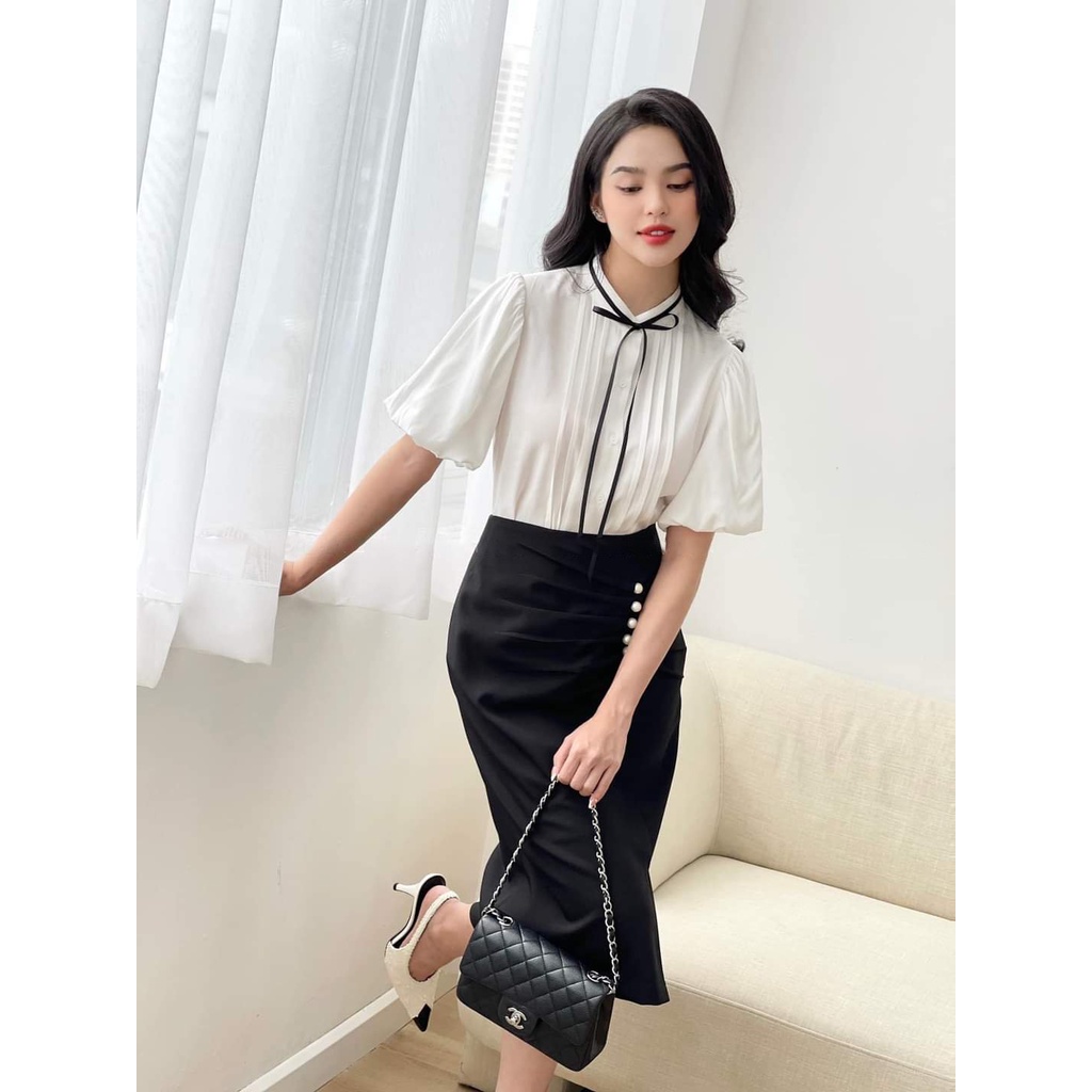 Sét chân váy + áo sơ mi tay phồng công sở