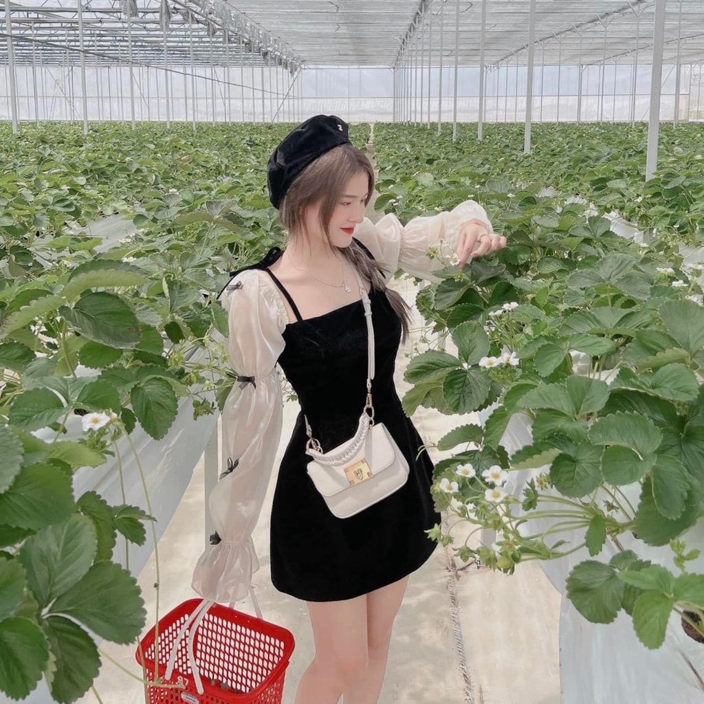 Đầm nhung chữ A Quảng Châu thiết kế tay tơ bồng dài đính nơ tiểu thư, Váy dự tiệc nữ sang trọng rẻ đẹp