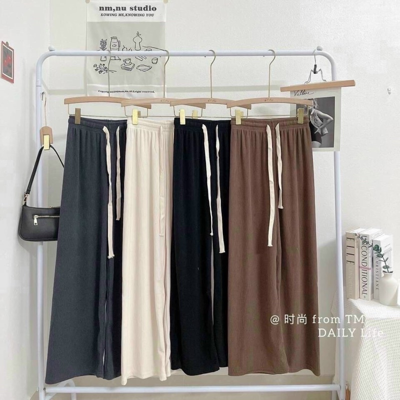 Quân ống suông lưng cao dây bản to , quần nhung tăm ống rộng