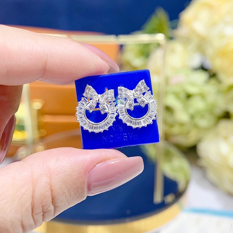 Bông tai bạc nơ đính đá tròn sáng đẹp xinh xắn tiểu thư bông tai nữ bạc thật