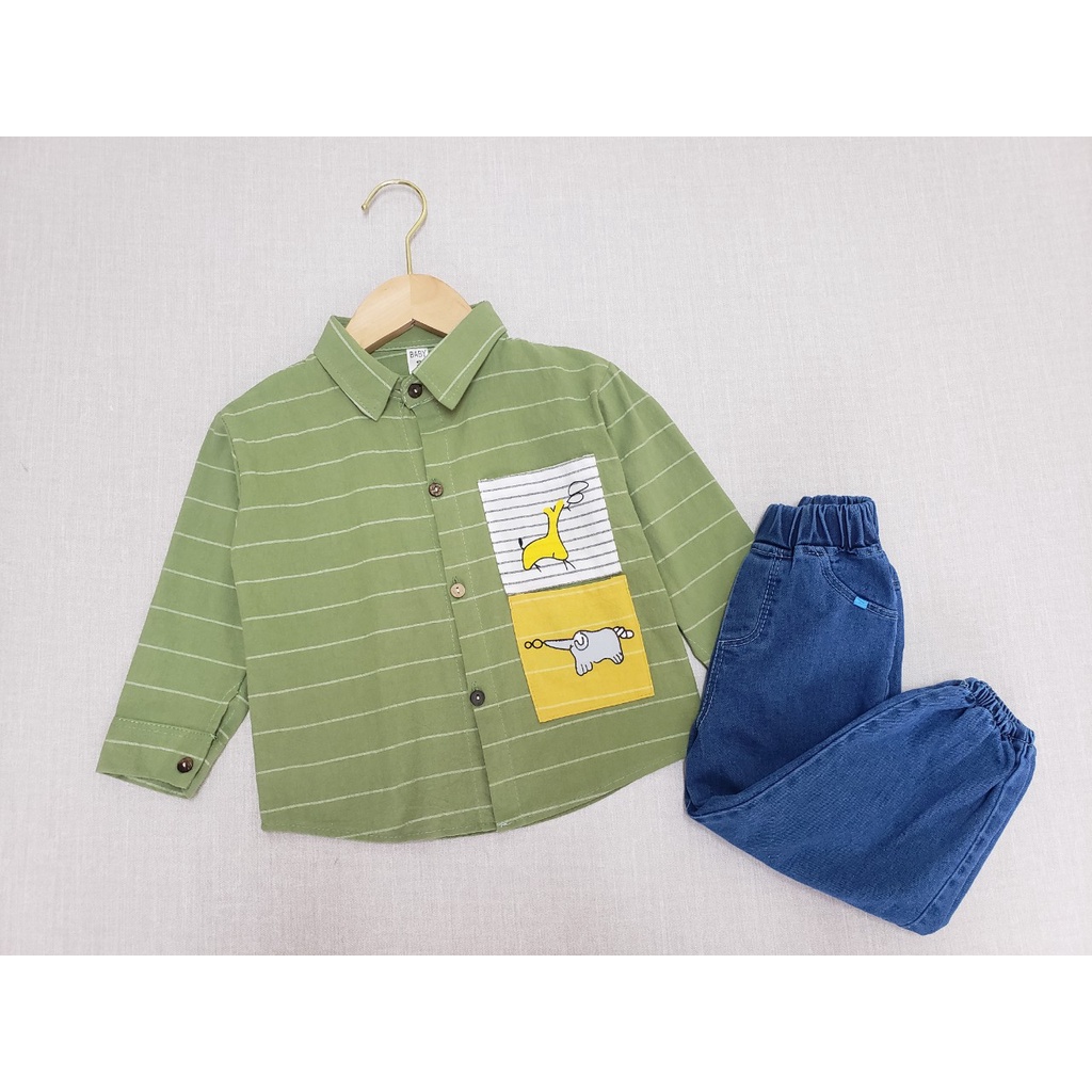 HÀNG QUẢNG CHÂU CAO CẤP Bộ sơ mi cho bé trai cực sành điệu, áo cotton thấm mồ hôi, quần jean mềm Hongvybaby