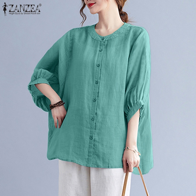 Áo kiểu ZANZEA cổ tròn tay lửng phối nút thời trang cho nữ