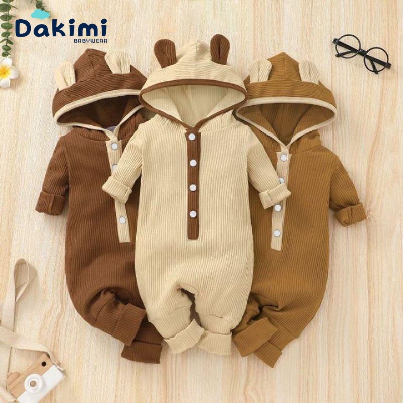 Body dài tay cho bé liền mũ DAKIMI chất Len Tăm mềm mịn, Đồ liên thân thu đông,bodysuit cho bé trai bé gái 0-12M