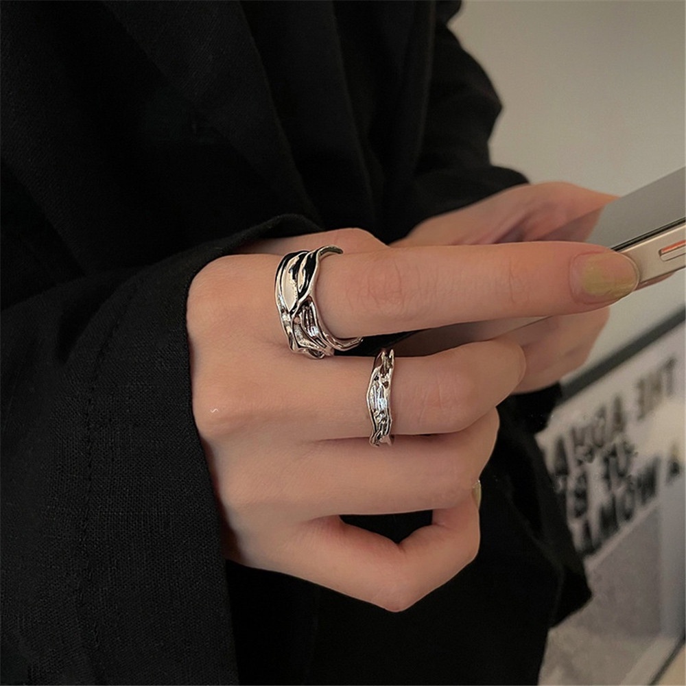 Set 2 Nhẫn Bạc Dạng Mở Thiết Kế Không Đồng Đều Phong Cách Hip Hop Cá Tính Dành Cho Nữ