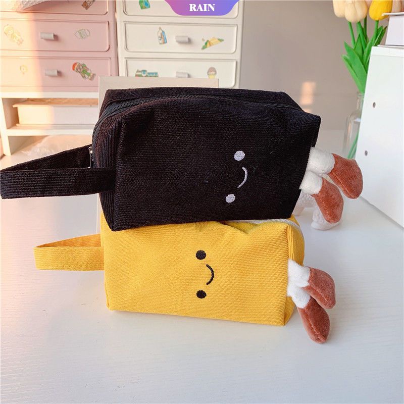 Túi Đựng Bút Chì Trang Điểm Cầm Tay Sức Chứa Lớn Lõi Nhung Kẻ Thêu Hình Mặt Cười Màu Vàng Đen Phối Khóa Kéo Dễ Thương Sáng Tạo Cho Học Sinh [RAIN]