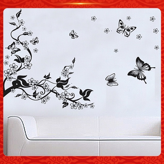 Miếng Dán Tường Trang Trí Hình Hoa &amp; Bướm Màu Đen DIY