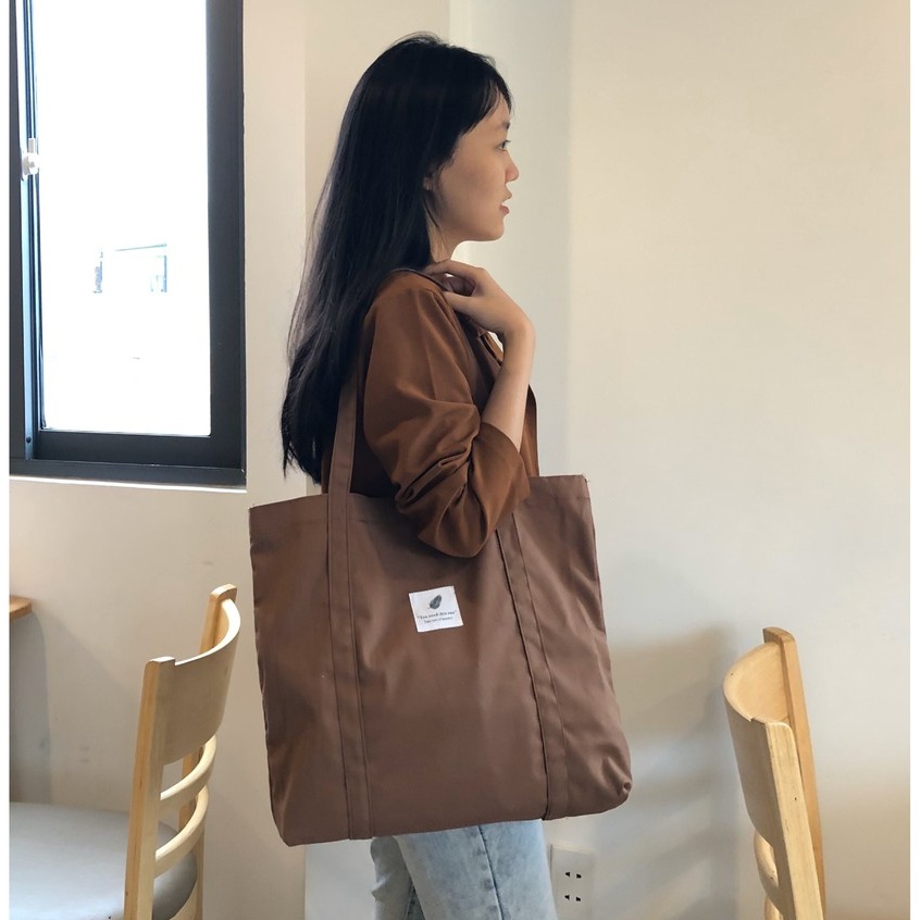 Túi tote vải nâu vintage brown đeo vai dải dây liền