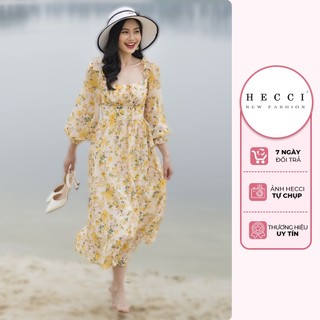 Đầm Xòe HECCI Màu Vàng Họa Tiết Dài Tay Phối Thắt Eo Kết Hợp Bo Tay Áo V277
