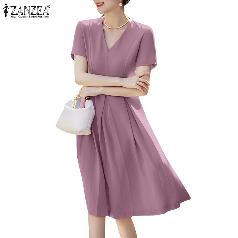 Đầm ZANZEA ngắn tay cổ chữ V xếp ly lưng cao vừa phối khóa kéo thời trang thanh lịch cho nữ