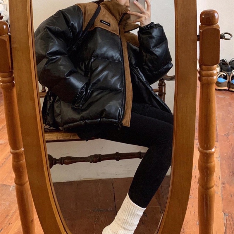 Áo khoác phao béo da phối màu nhung có túi phong cách retro đơn giản FOOTMADE