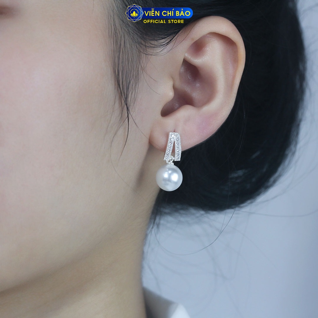 Bông tai bạc nữ Trái châu viền đá lấp lánh chất liệu bạc 925 thời trang phụ kiện trang sức nữ Viễn Chí Bảo B400021