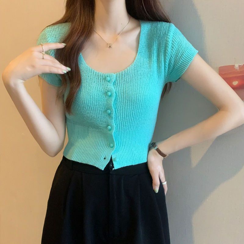 Áo Dệt Kim Tay Ngắn Dáng Ôm Thời Trang Mùa Hè Xinh Xắn Cho Nữ