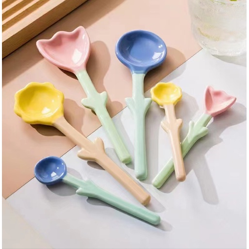 Thìa gốm hoa pastel THIA4 cute dễ thương thìa cơm muôi canh gốm sứ