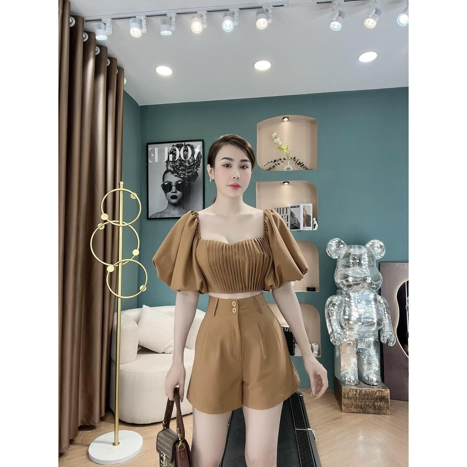 [10.10 Sales Freeship] Set bộ đùi nữ đi tiệc, set áo cổ vuông xếp ly tay phồng croptop mix quần short đùi sang trọng mtb