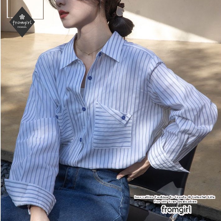 Áo Sơ Mi Tay Dài Kẻ Sọc Xanh Dương Phong Cách Pháp Thời Trang Mùa Thu Mới 2022 Cho Nữ