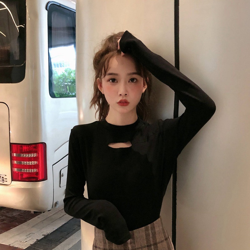 Áo Thun Tay Dài Dáng Ôm Màu Trơn Thời Trang Mùa Thu Hàn Quốc Dành Cho Nữ