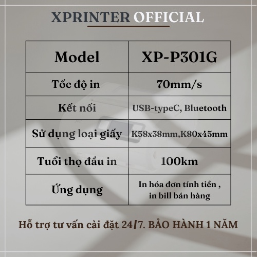 Máy in hóa đơn mini, máy in bill bluetooth Xprinter P301G cầm tay, in bill bán hàng K80 .