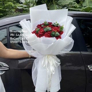 Bó hoa sáp 30 bông đỏ đô mix lá táo giấy xốp không nhăn