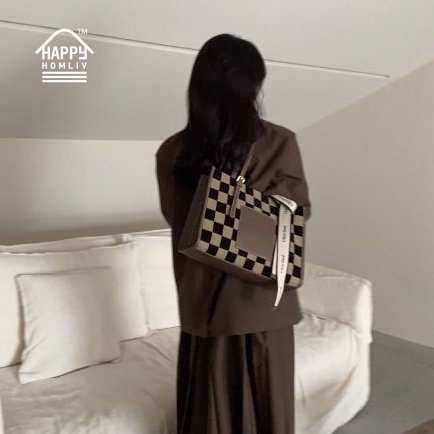 HAPPY HOMLIV Túi Tote Đeo Vai Cỡ A4 Họa Tiết Sọc Caro Phong Cách Retro Thời Trang Cho Nữ