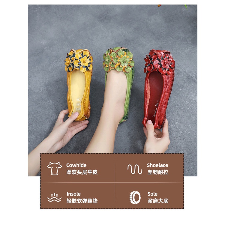 Giày Búp Bê Da Đế Bằng Mũi Tròn Phong Cách Dân Tộc Retro Cho Nữ