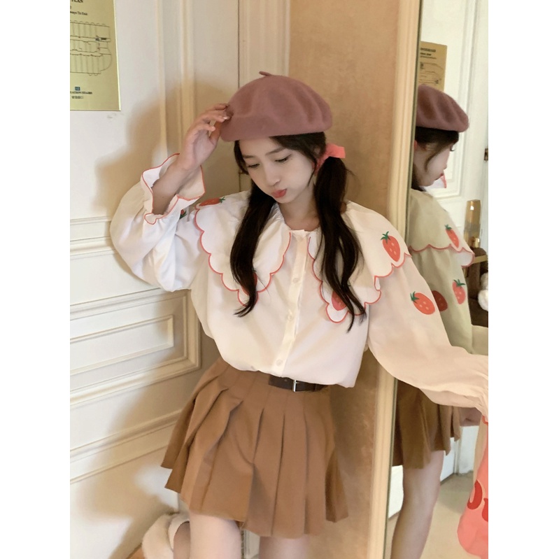 Áo Sơ Mi Trắng Cổ Búp Bê Họa Tiết Thêu Dâu Tây Phong Cách Hàn Quốc Ngọt Ngào