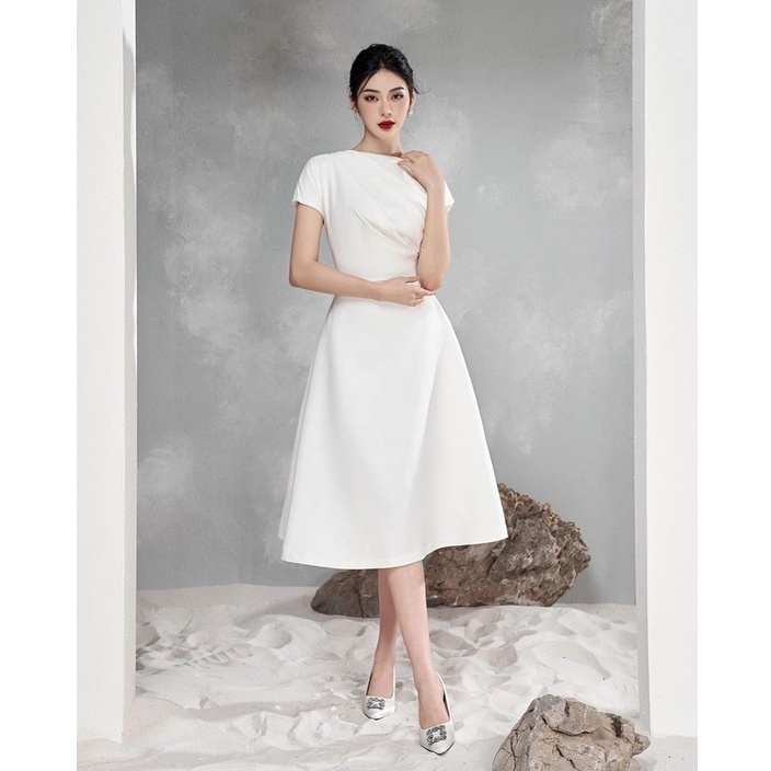 Đầm Dáng Xòe ❤️FREESHIP❤️ Cổ Tròn Ngực Xếp Ly Nhún Eo Vai Đính Hạt Túi 2 Bên